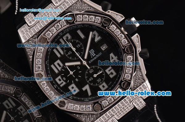 Audemars Piguet Royal Oak Offshore Chronograph Miyota OS10 Quartz Steel Case with White Numeral Markers Diamond Bezel and Black Dial - Click Image to Close